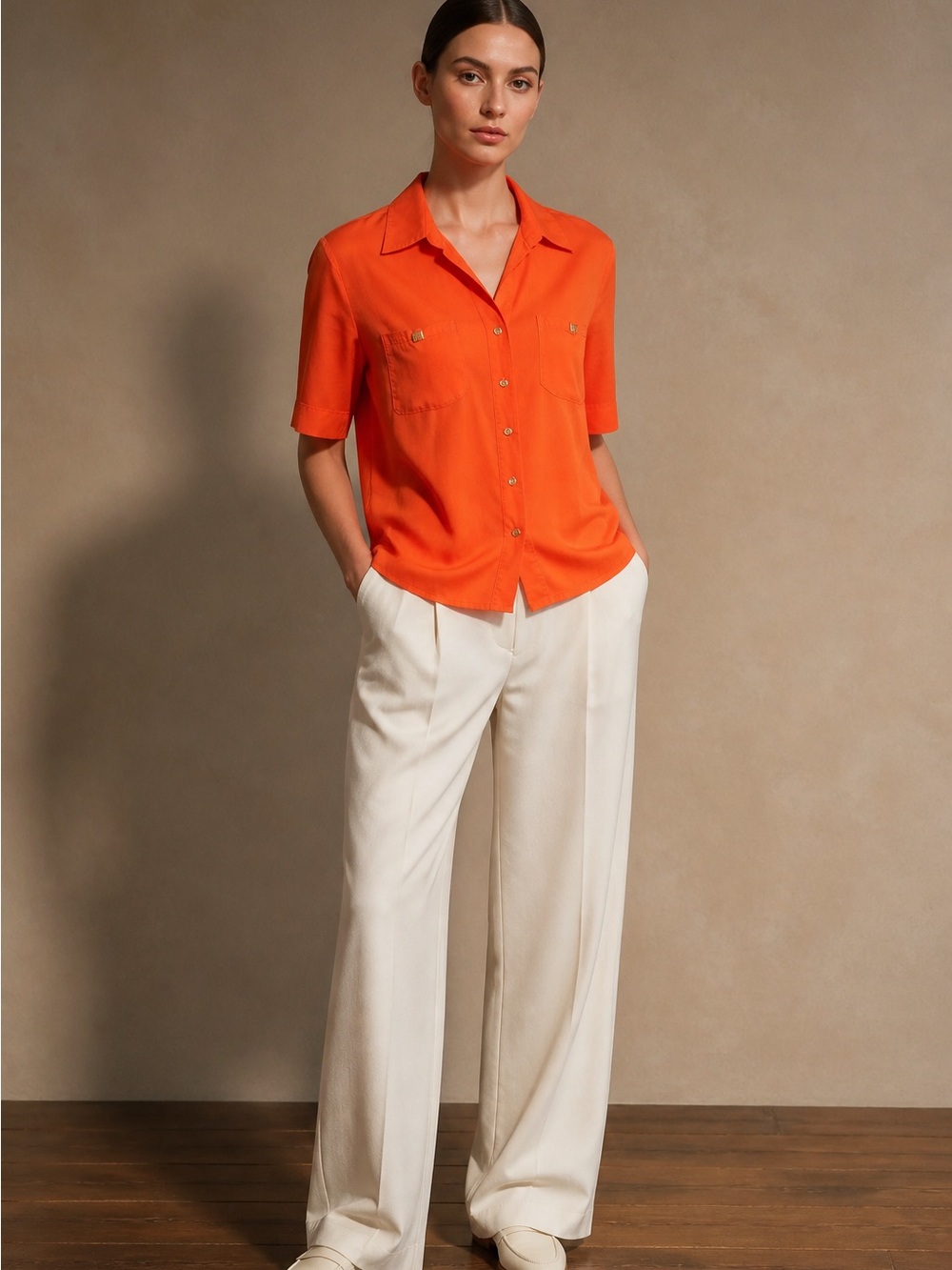 Anne Klein Women’s Bright Orange Short-Sleeve Button Blouse XL